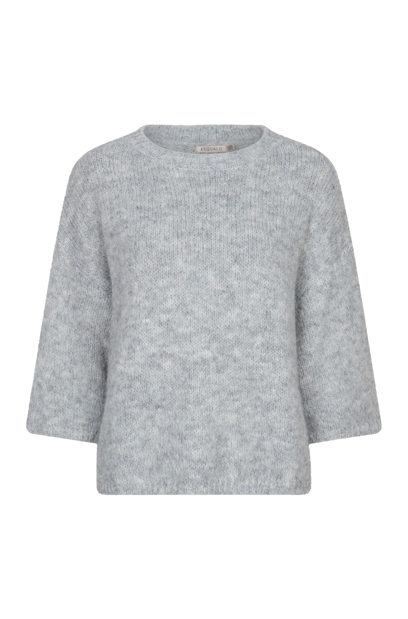 Esqualo women's light gray fuzzy knit sweater with round neckline and wide three-quarter sleeves, front view