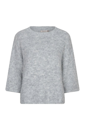 Esqualo women's light gray fuzzy knit sweater with round neckline and wide three-quarter sleeves, front view