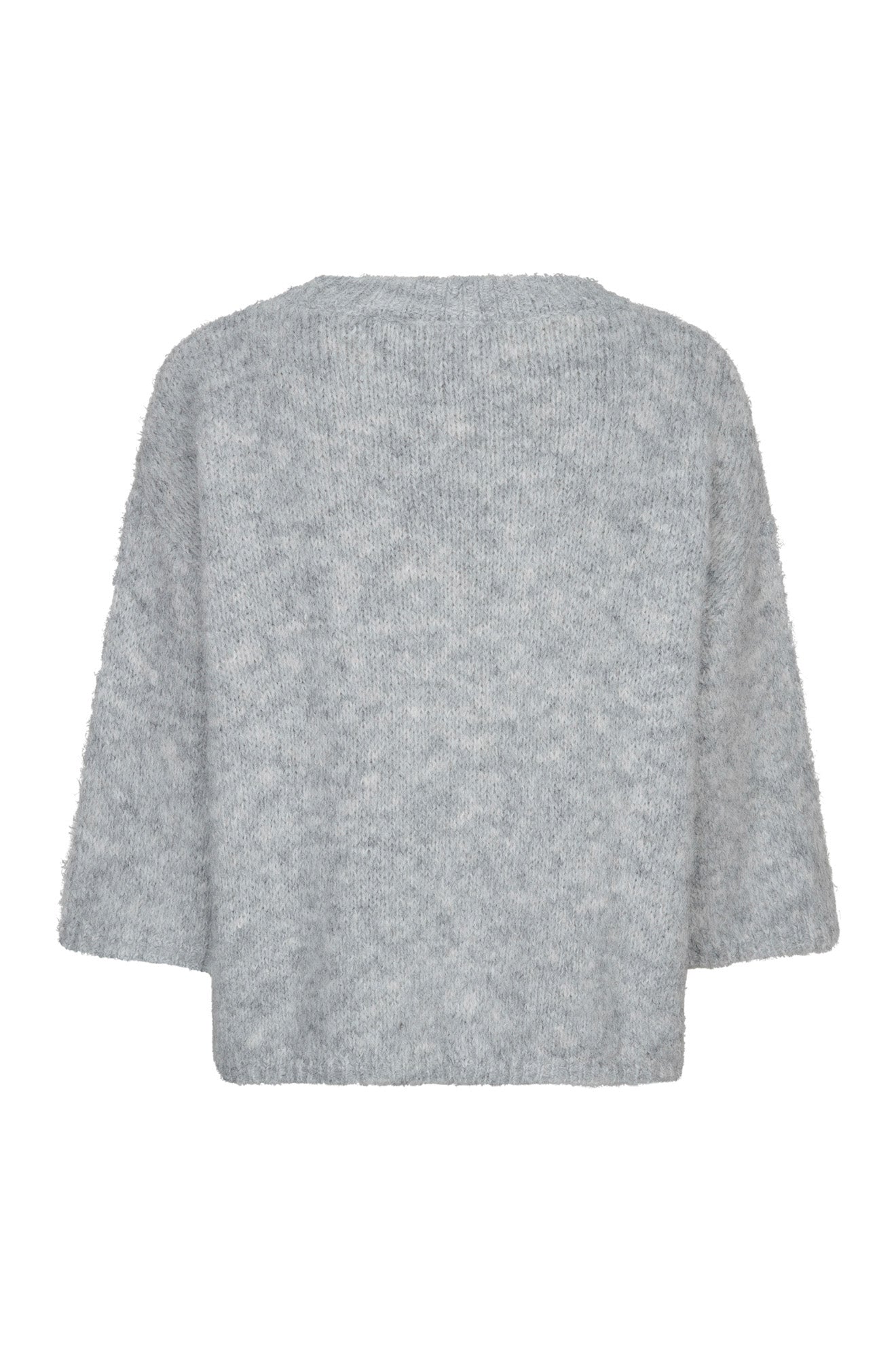 Esqualo women's light gray fuzzy knit sweater with wide sleeves and straight ribbed hem shown from the back
