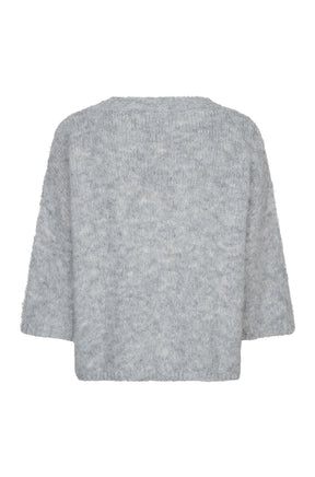 Esqualo women's light gray fuzzy knit sweater with wide sleeves and straight ribbed hem shown from the back