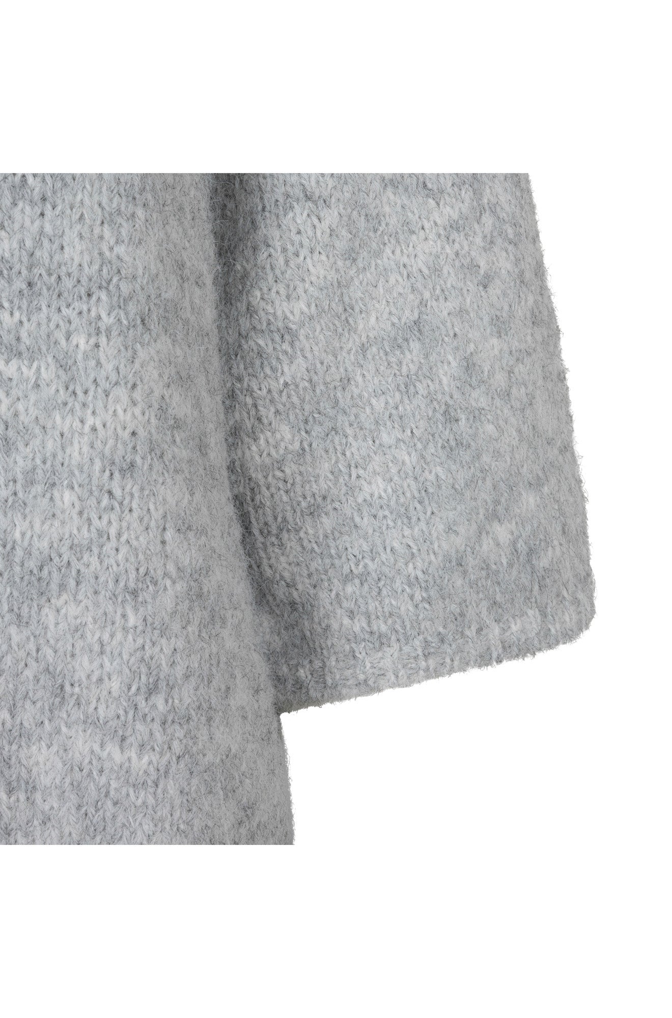 Esqualo women's light gray fuzzy knit sweater sleeve and body, showing marled yarn texture, close-up