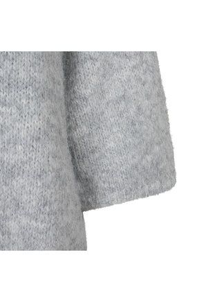 Esqualo women's light gray fuzzy knit sweater sleeve and body, showing marled yarn texture, close-up