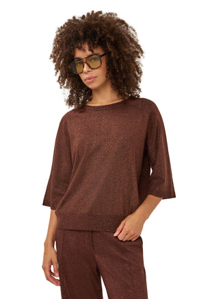 T-Shirt manches courtes brun en tricot métallisé à col rond, manches larges pour femme par Esqualo, vue avant