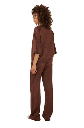 Vue arrière du T-Shirt manches courtes brun en tricot métallisé, coupe ample et manches au coude pour femme par Esqualo