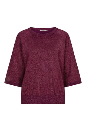 Esqualo women's burgundy metallic crewneck Short-sleeve T-Shirt with wide sleeves and ribbed trim, front view