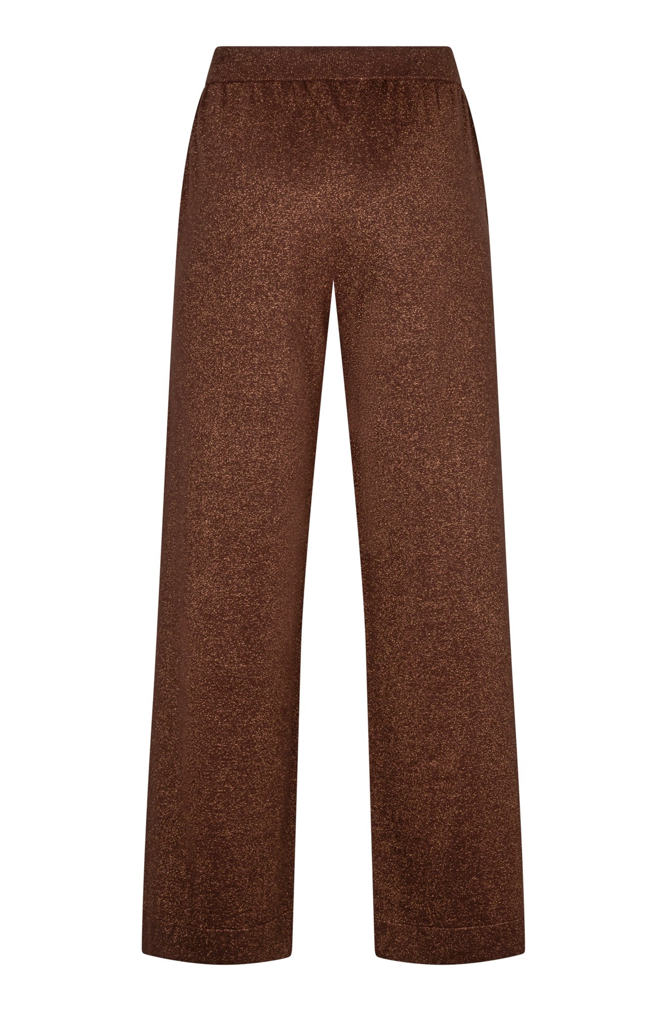 Esqualo women's brown copper metallic wide-leg drawstring wide-leg pants with a flat waistband shown from the back