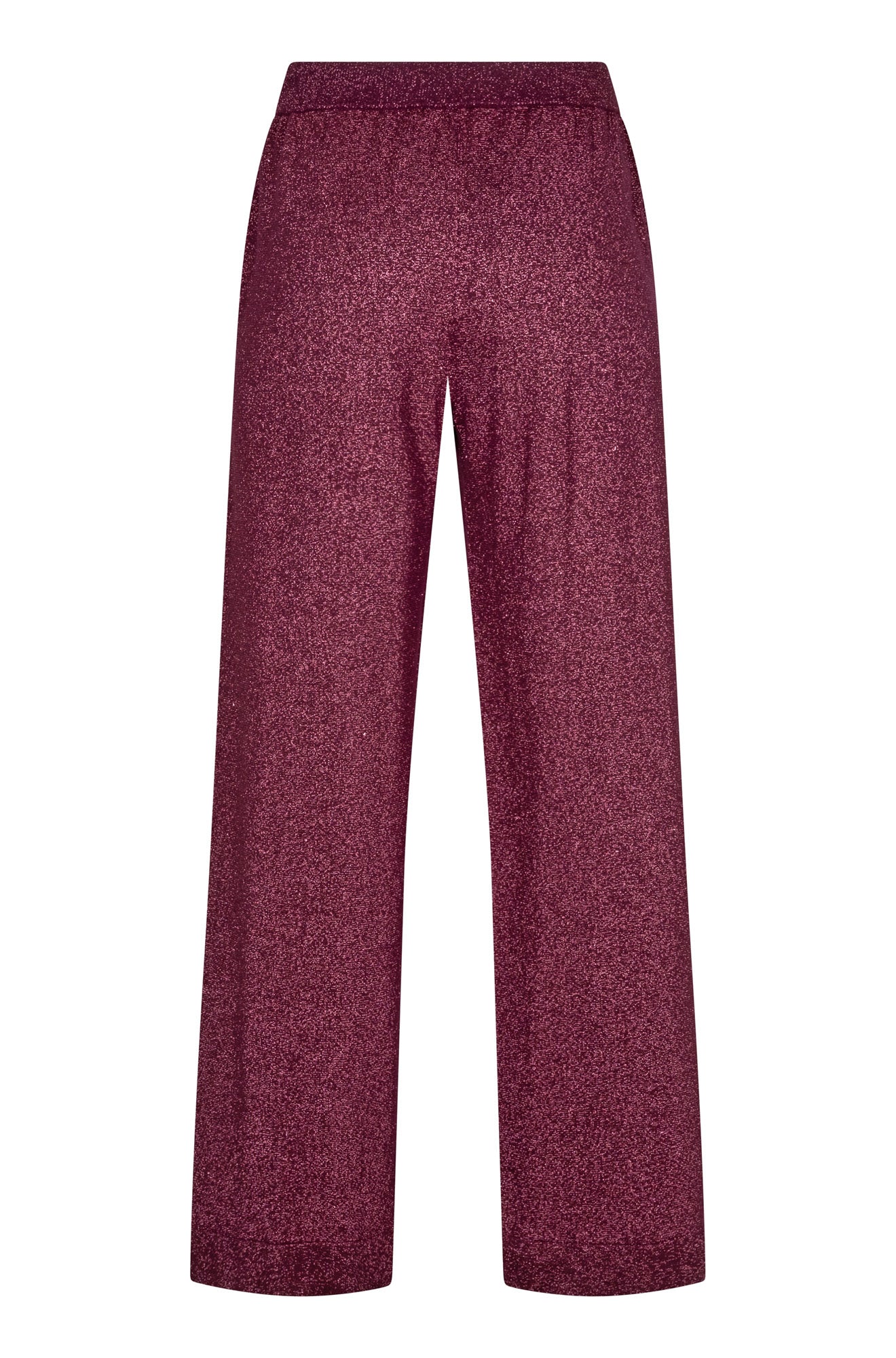 Vue arrière d’un pantalon large à cordon bourgogne métallisé à jambe large et taille élastique lisse pour femme par Esqualo
