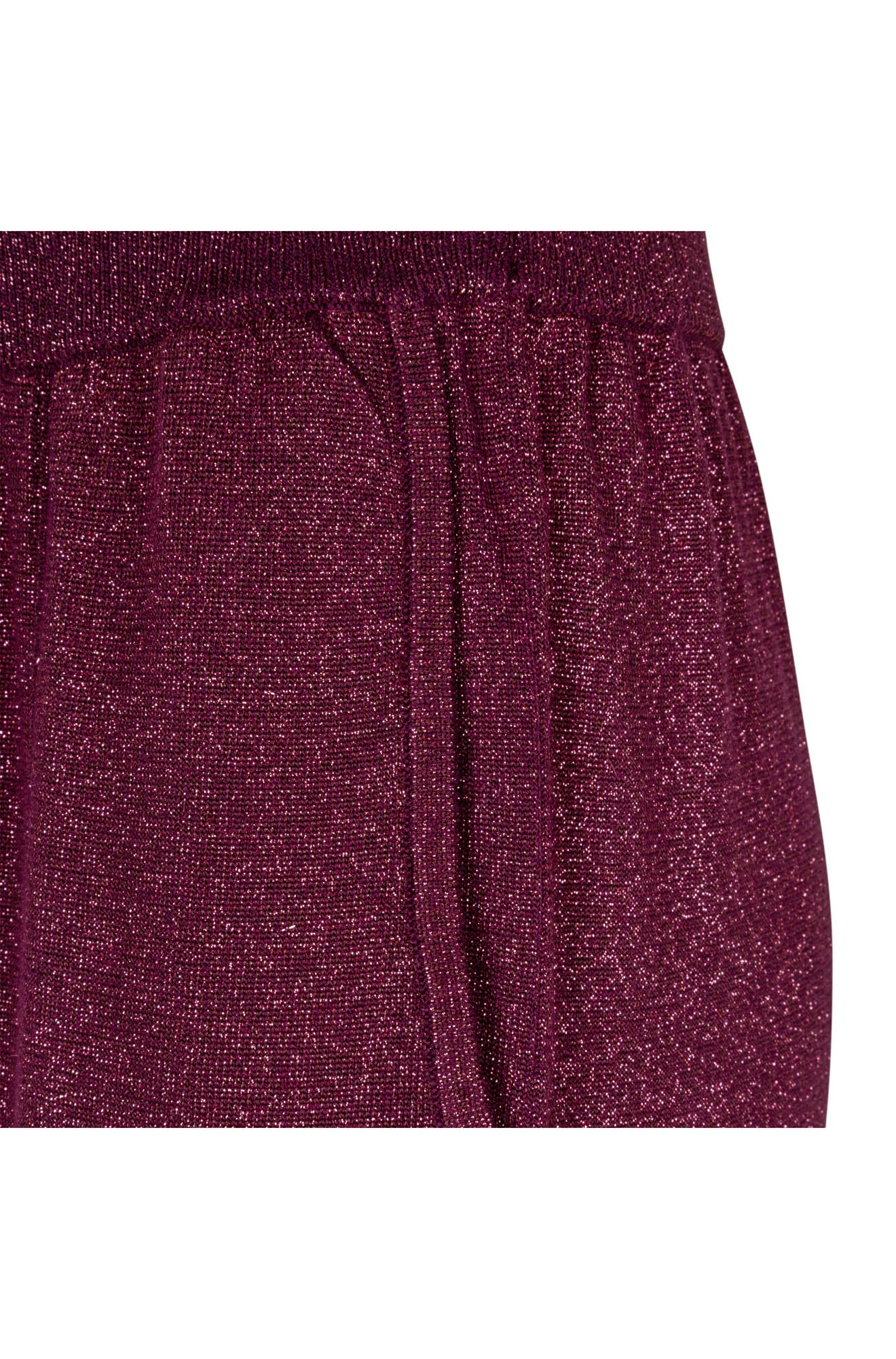Détail de la taille et de la poche d’un pantalon large à cordon bourgogne à texture métallisée pour femme par Esqualo