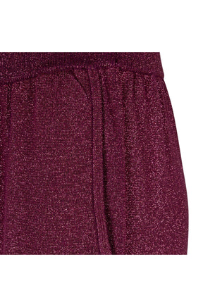 Détail de la taille et de la poche d’un pantalon large à cordon bourgogne à texture métallisée pour femme par Esqualo