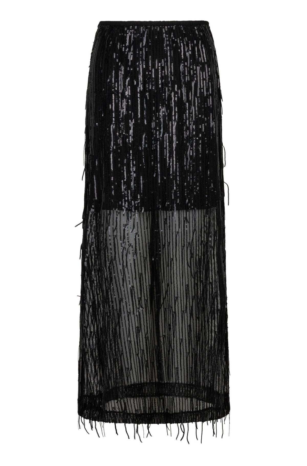 Jupe maxi longue transparente noire à paillettes, rayures brillantes, vue produit pour femme par Esqualo