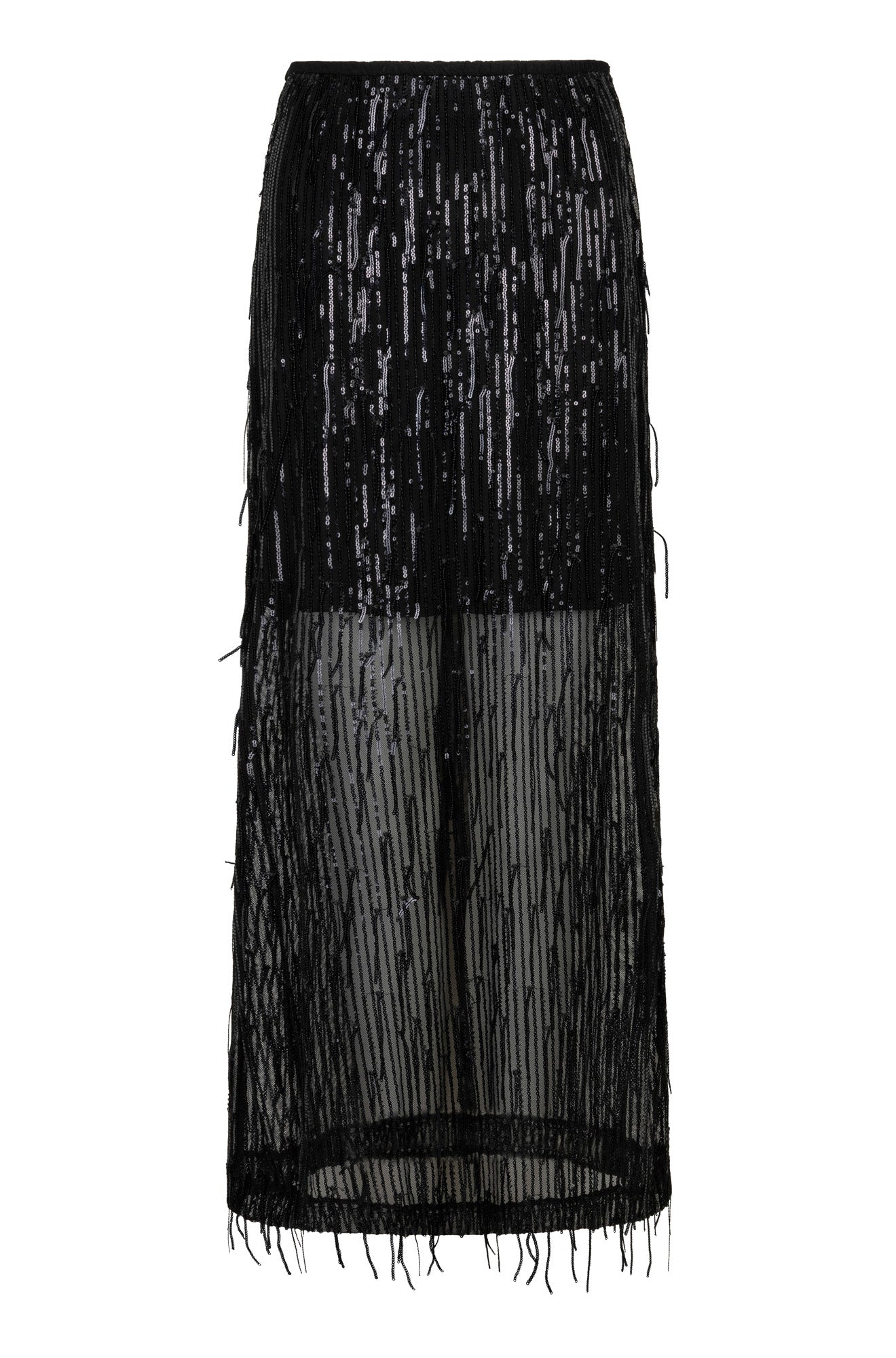 Esqualo women's black sheer sequined maxi skirt showing vertical sparkle stripes and transparent lower panel, product view