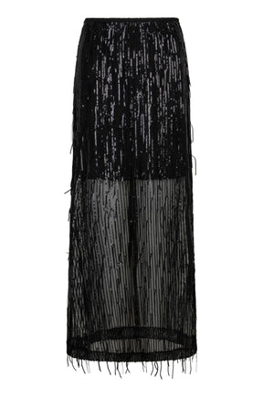 Esqualo women's black sheer sequined maxi skirt showing vertical sparkle stripes and transparent lower panel, product view