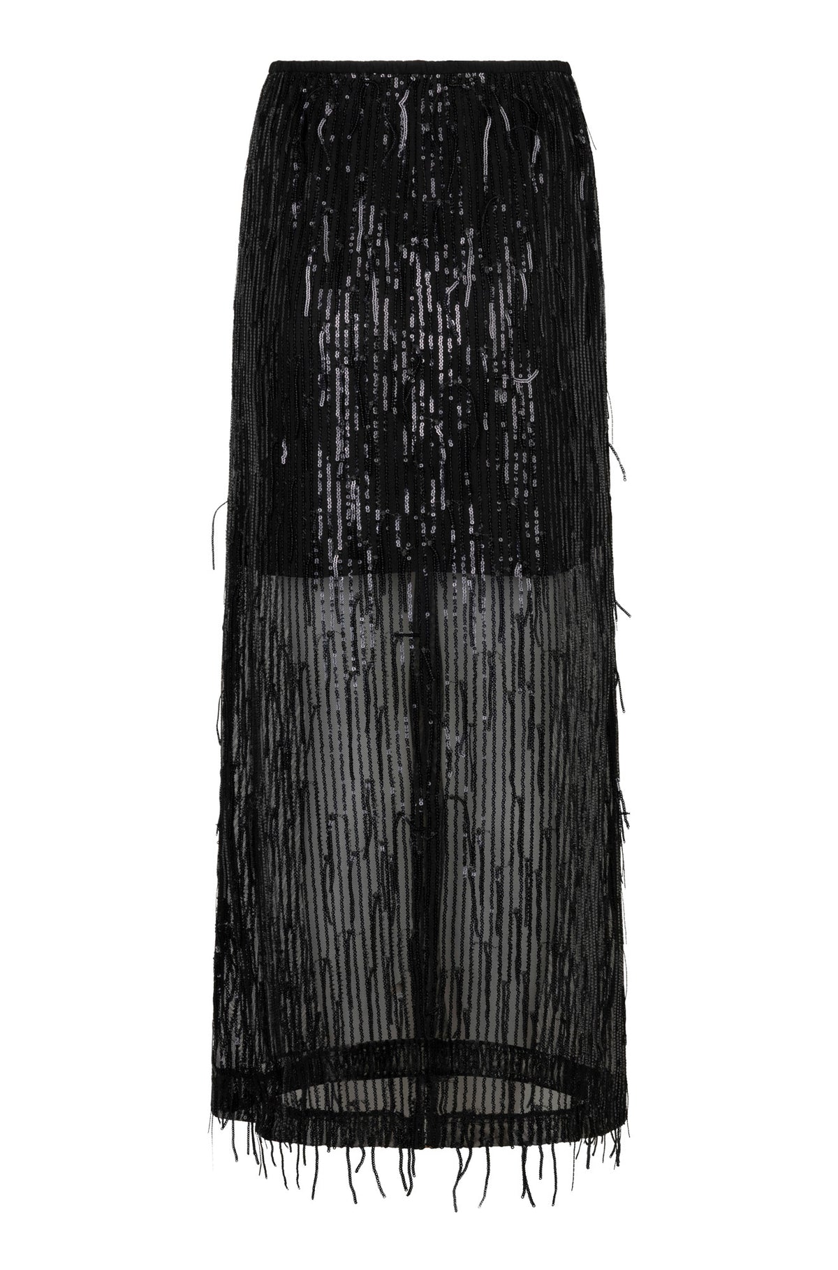 Jupe maxi longue transparente noire à paillettes, doublure courte et ourlet frangé, vue produit pour femme par Esqualo