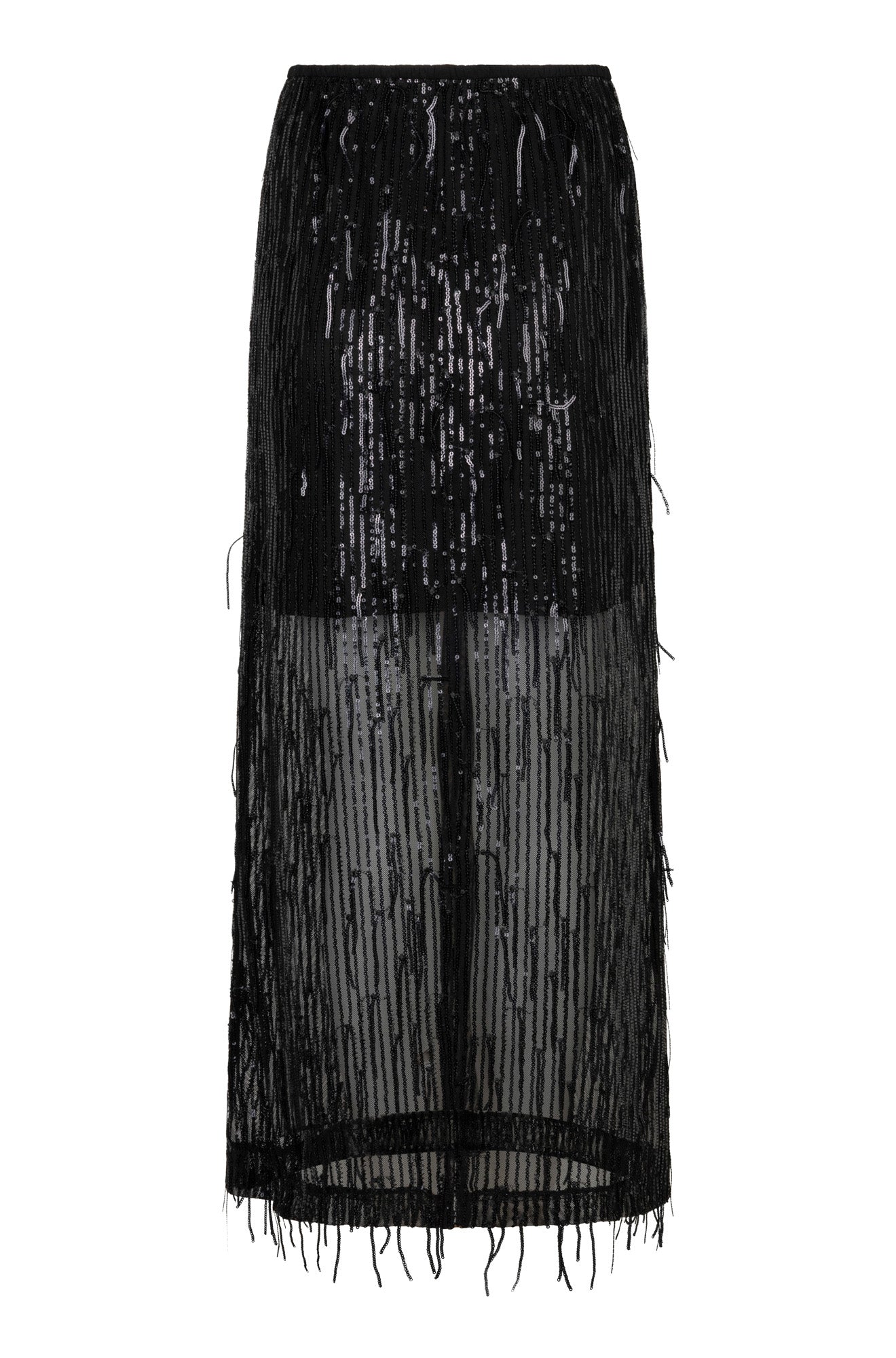 Women's black sequined sheer maxi skirt with short lining and fringed hem, full product view by Esqualo