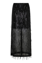 Jupe maxi longue transparente noire à paillettes, doublure courte et ourlet frangé, vue produit pour femme par Esqualo