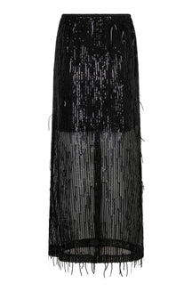 Jupe maxi longue transparente noire à paillettes, doublure courte et ourlet frangé, vue produit pour femme par Esqualo
