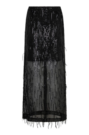 Women's black sequined sheer maxi skirt with short lining and fringed hem, full product view by Esqualo