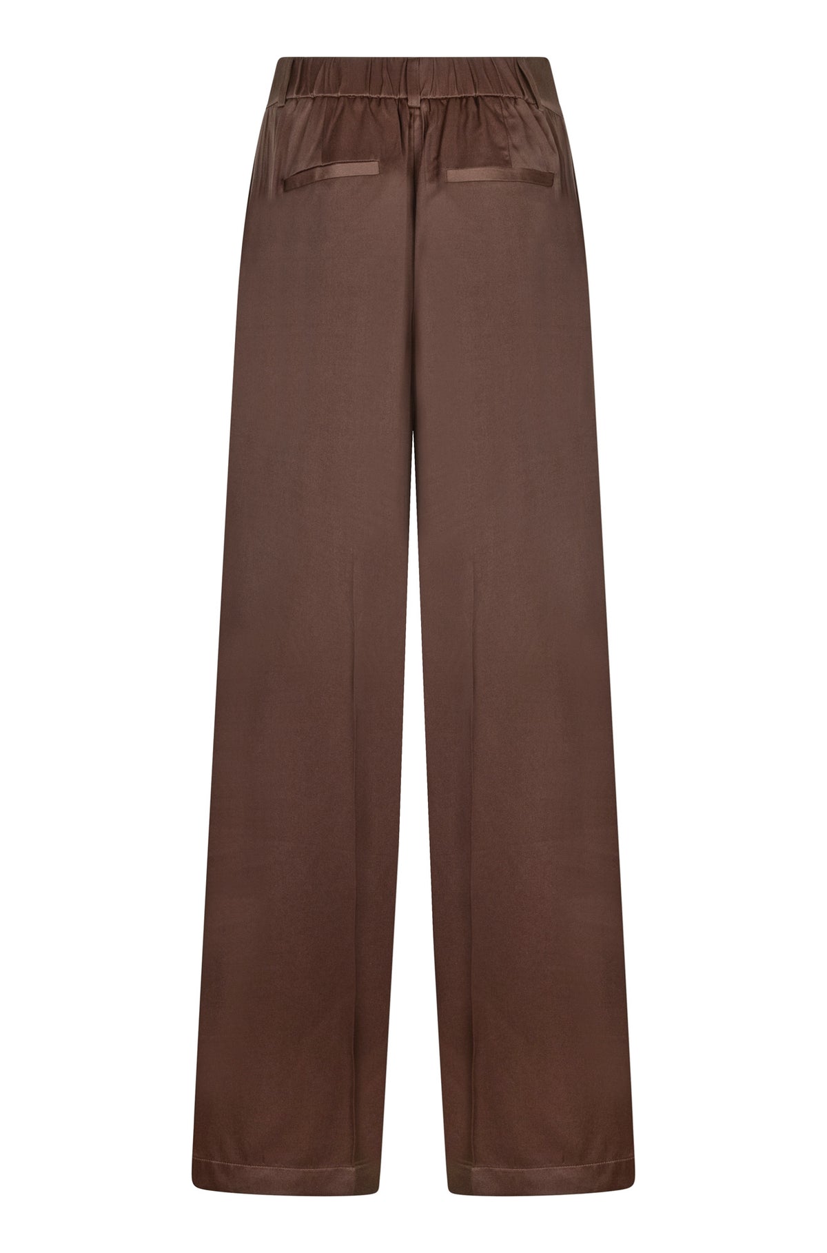 Vue arrière du pantalon brun à jambe large avec taille élastiquée et poches passepoilées pour femme par Esqualo