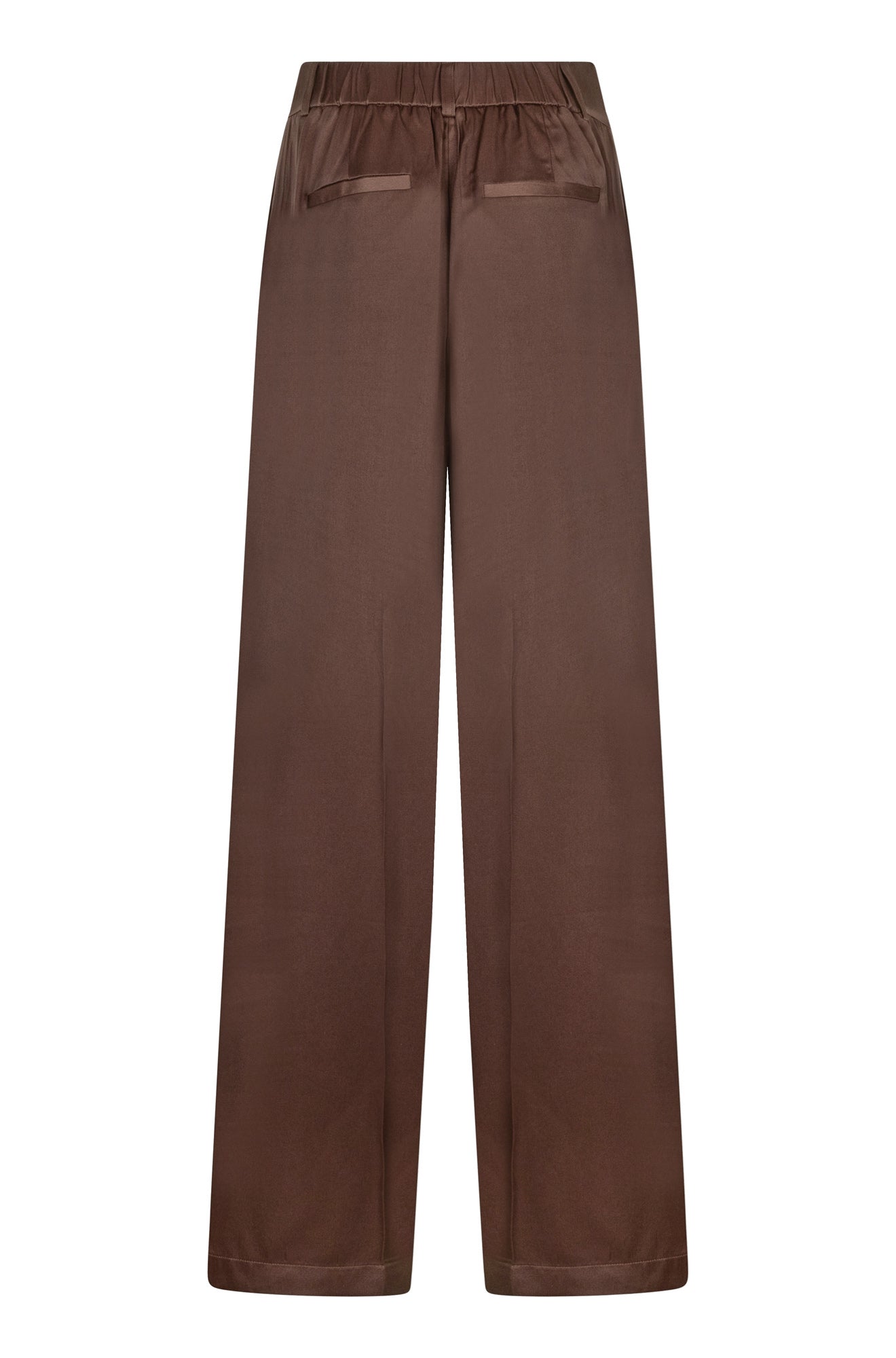 Vue arrière du pantalon brun à jambe large avec taille élastiquée et poches passepoilées pour femme par Esqualo