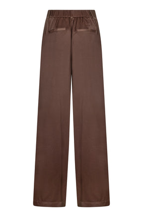 Vue arrière du pantalon brun à jambe large avec taille élastiquée et poches passepoilées pour femme par Esqualo