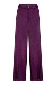 Pantalon à jambe large ample prune satiné avec braguette boutonnée et passants pour femme par Esqualo, vue avant