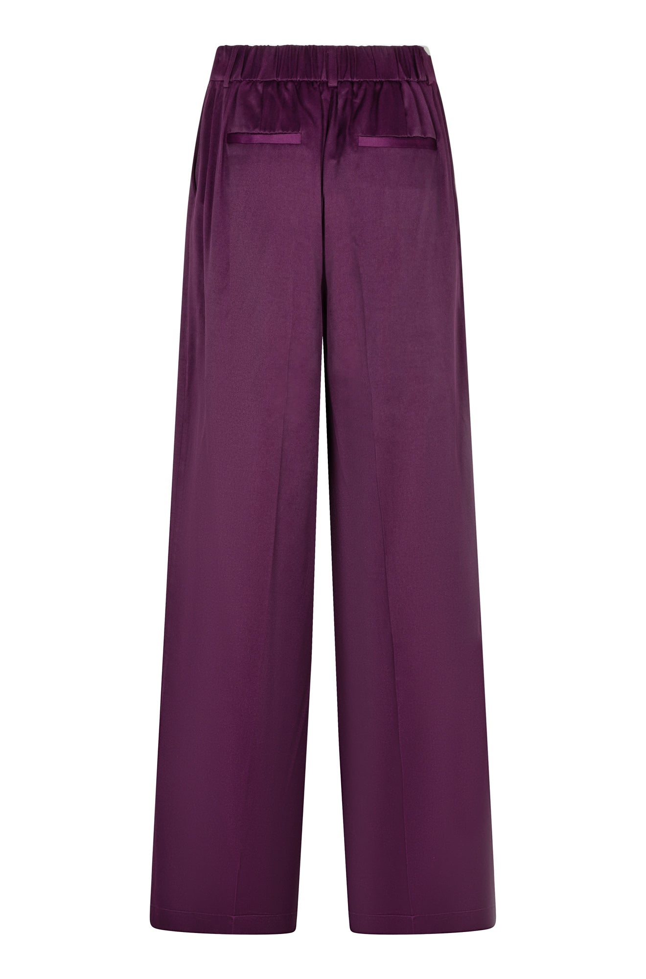 Vue arrière d’une pantalon à jambe large ample prune satiné avec taille élastique pour femme par Esqualo
