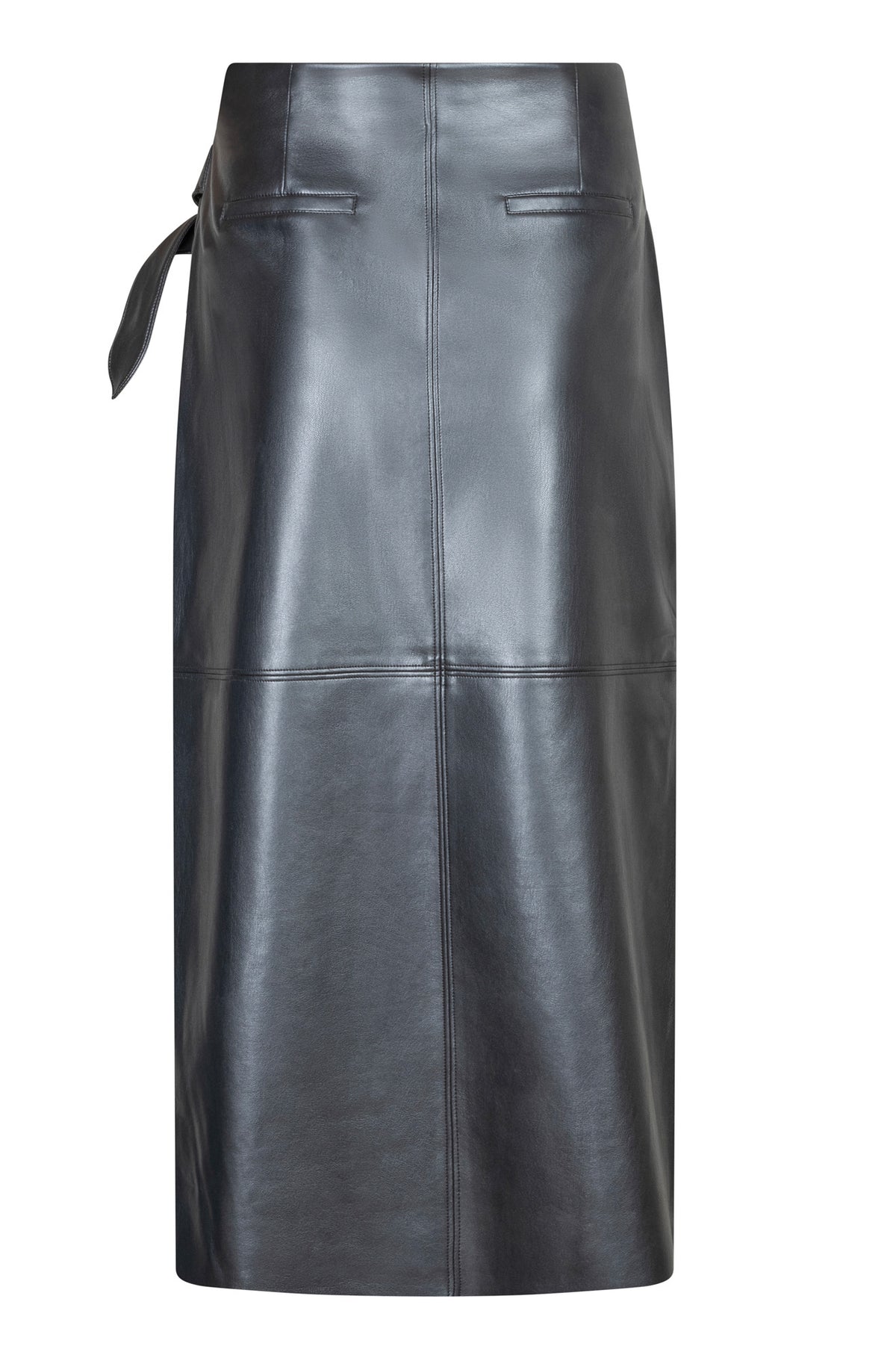 Jupe midi noire effet cuir, vue arrière avec poches passepoilées et couture centrale pour femme par Esqualo