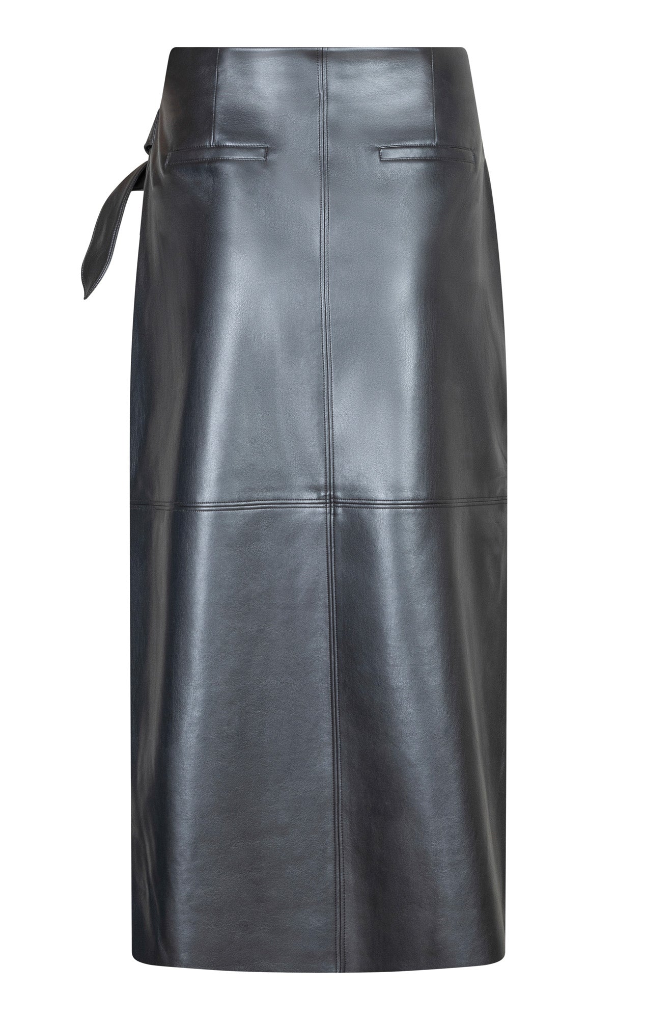 Jupe midi noire effet cuir, vue arrière avec poches passepoilées et couture centrale pour femme par Esqualo