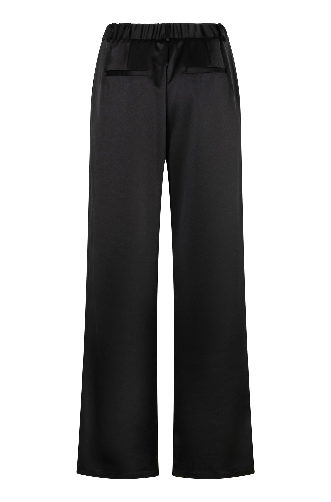 Esqualo women's black wide-leg pants with elasticated waistband and two welt pockets shown from the back