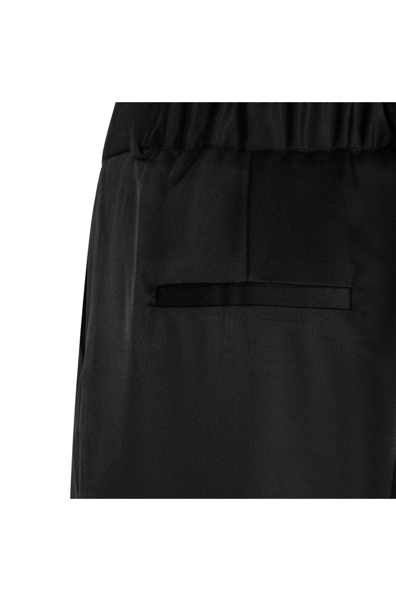 Esqualo women's black wide-leg pants with elasticated back waistband and single welt back pocket, close-up