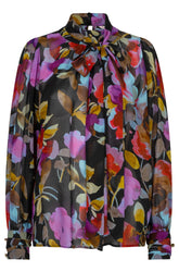 Esqualo women's black floral long-sleeve blouse with bow neck, sheer buttoned cuffs, front view