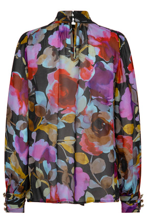 Esqualo women's black floral long-sleeve blouse with bow neck, sheer buttoned cuffs, front view