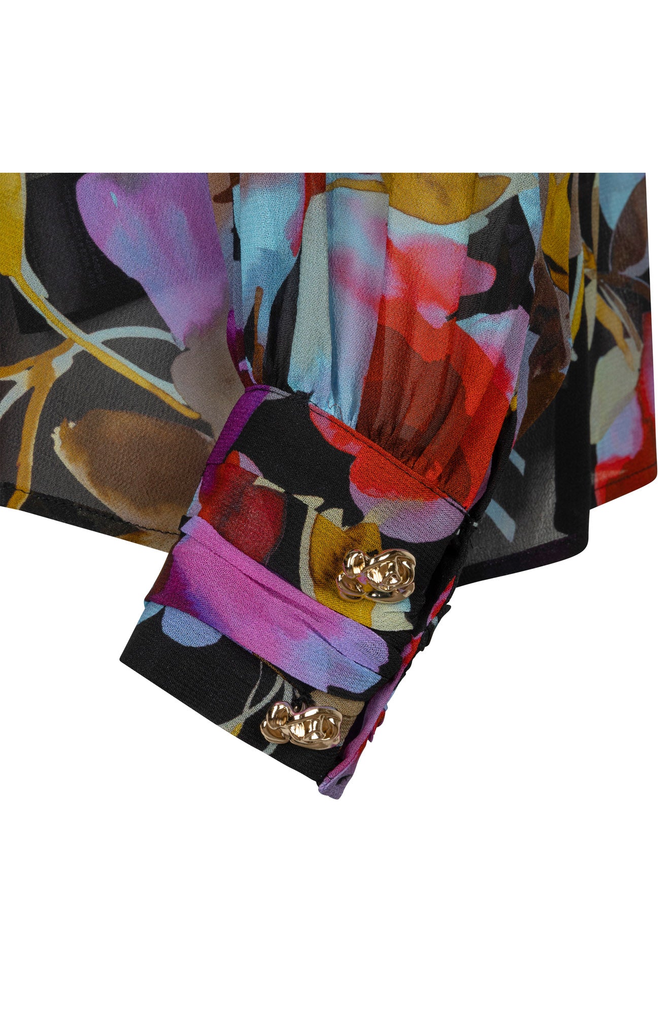 Esqualo women's cuff detail of black floral long-sleeve blouse with sheer fabric and gold-tone buttons