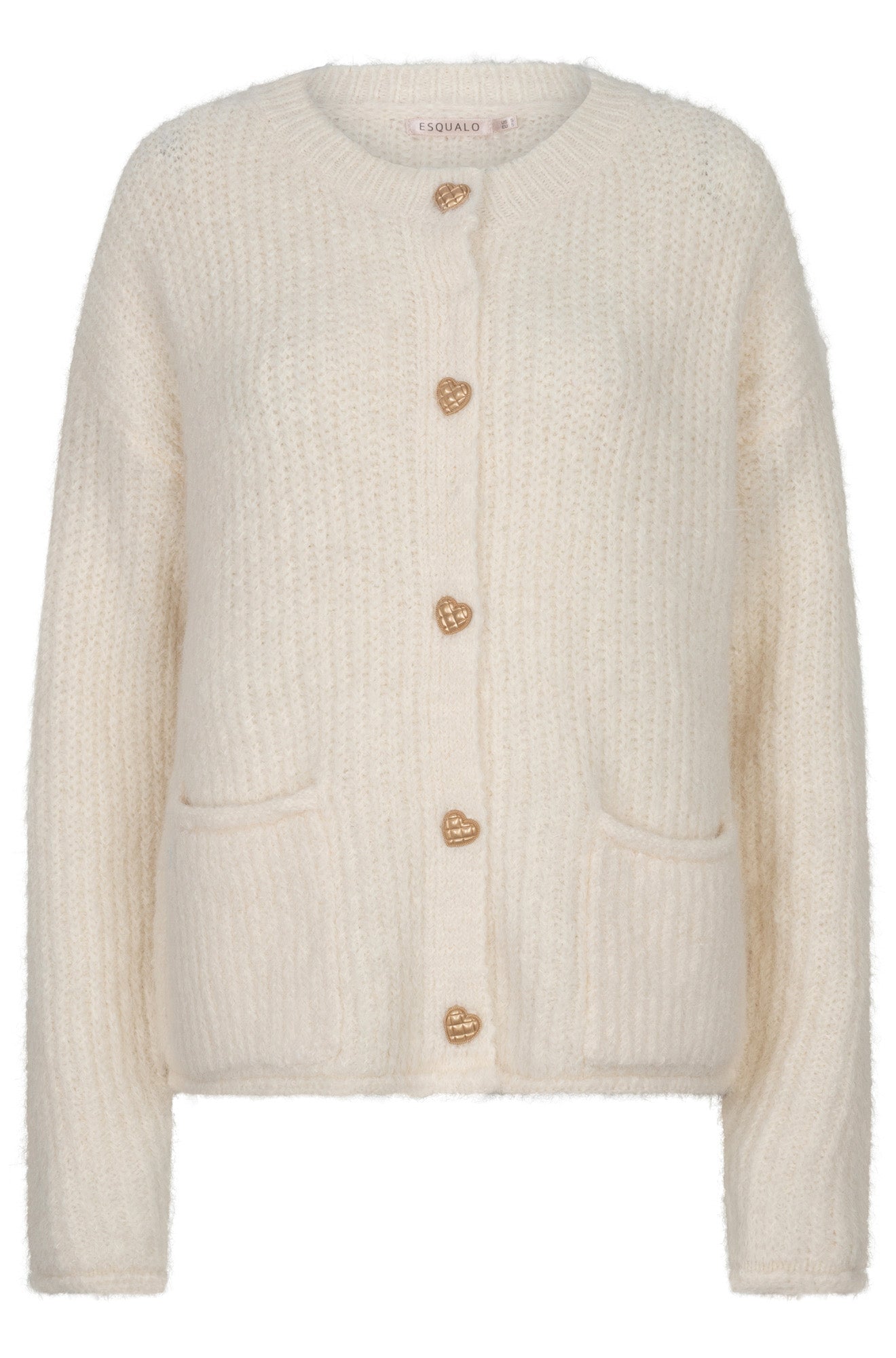 Esqualo women's cream fuzzy knit cardigan with gold heart buttons and two patch pockets, front view