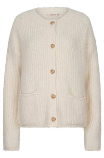 Cardigan en tricot crème duveteux avec boutons cœur dorés et deux poches pour femme par Esqualo, vue de face