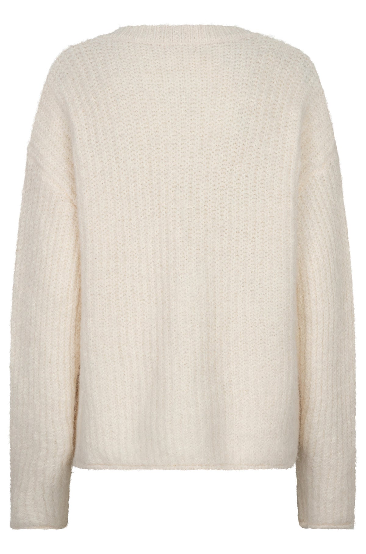 Cardigan en tricot crème duveteux avec manches longues et col rond côtelé pour femme par Esqualo, vue de dos