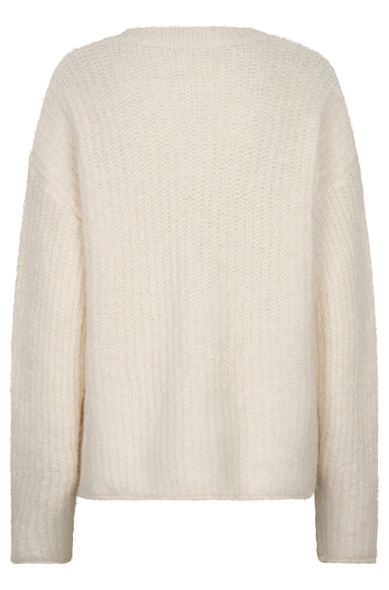 Esqualo women's cream fuzzy knit cardigan with long sleeves and round ribbed neckline shown from the back