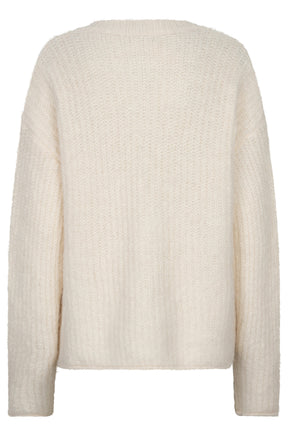Esqualo women's cream fuzzy knit cardigan with long sleeves and round ribbed neckline shown from the back