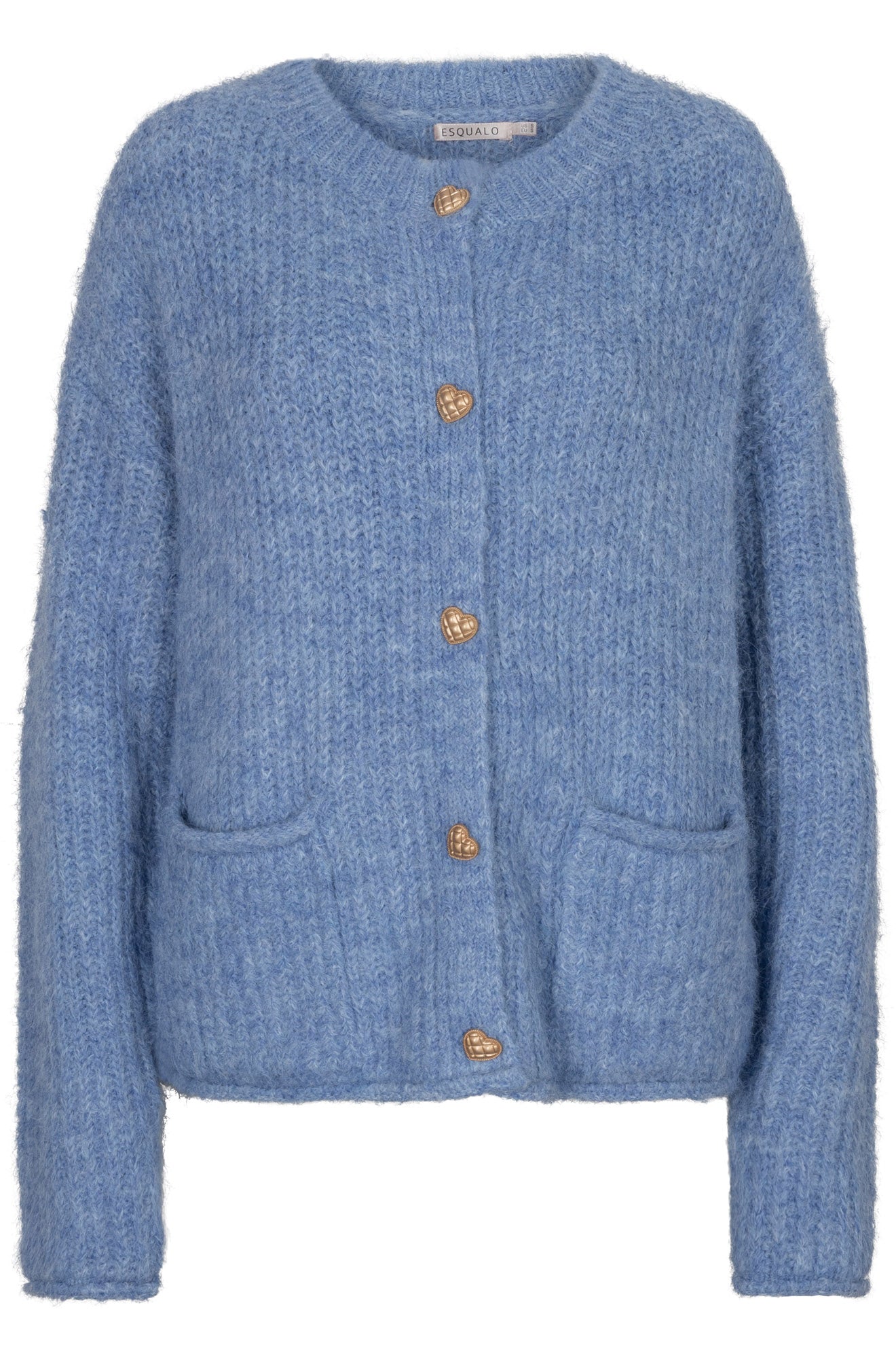 Esqualo women's light blue fuzzy knit cardigan with gold heart buttons and patch pockets, front view