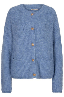 Cardigan en tricot duveteux bleu clair avec boutons coeur dorés et poches pour femme par Esqualo, vue de face
