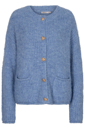 Esqualo women's light blue fuzzy knit cardigan with gold heart buttons and patch pockets, front view