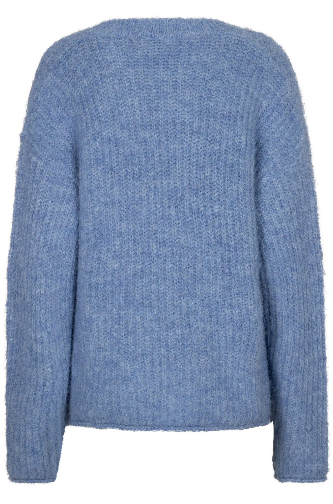 Esqualo women's light blue fuzzy knit cardigan with long sleeves and ribbed round neckline shown from the back