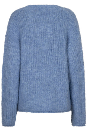 Esqualo women's light blue fuzzy knit cardigan with long sleeves and ribbed round neckline shown from the back