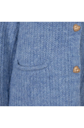 Esqualo women's light blue fuzzy knit cardigan with patch pocket and gold heart buttons, close-up