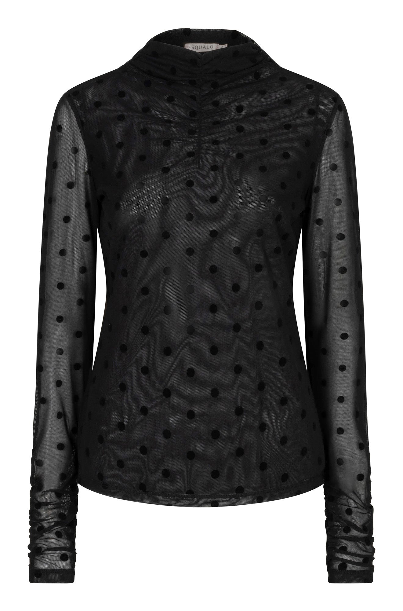 Esqualo women's black floral long-sleeve blouse with bow neck, sheer buttoned cuffs, front view