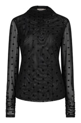 Esqualo women's black floral long-sleeve blouse with bow neck, sheer buttoned cuffs, front view