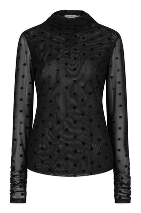 Esqualo women's black floral long-sleeve blouse with bow neck, sheer buttoned cuffs, front view