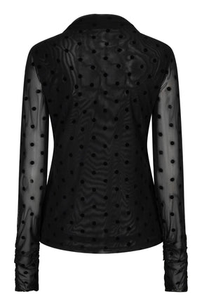 Esqualo women's black floral long-sleeve blouse with bow neck, sheer buttoned cuffs, front view