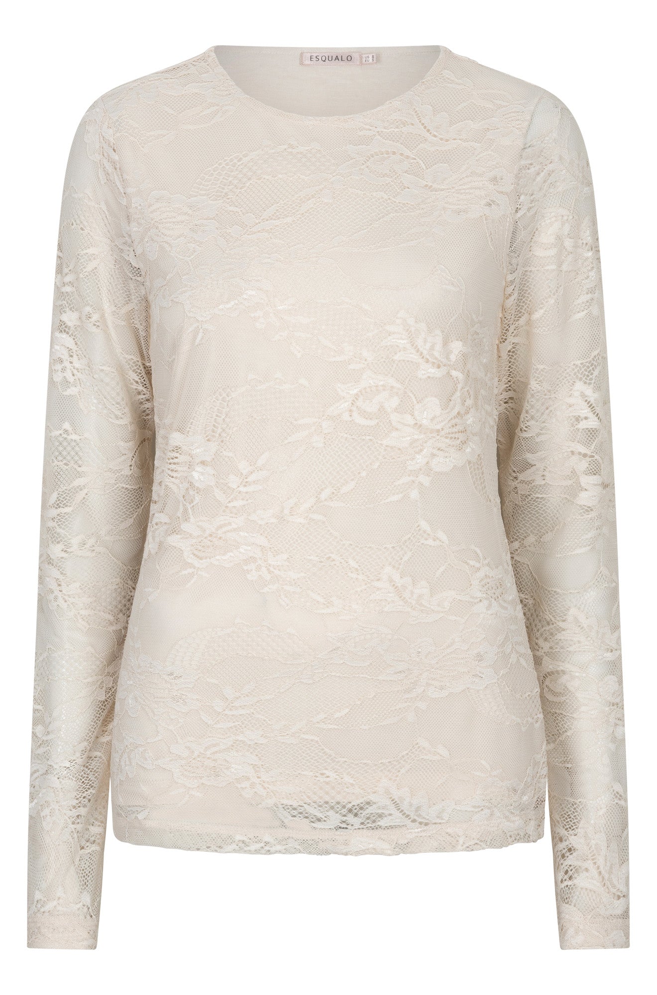 Esqualo women's ivory long sleeve floral lace blouse with a round neckline and straight hem, front view