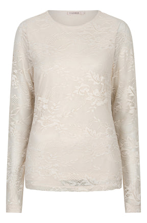 Esqualo women's ivory long sleeve floral lace blouse with a round neckline and straight hem, front view